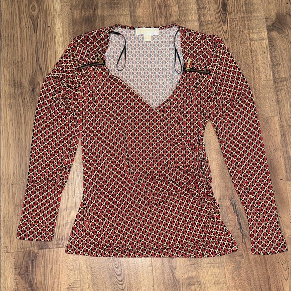 MICHAEL KORS Geometric Patterned Red and Black Women's Top - Picture 2 of 8